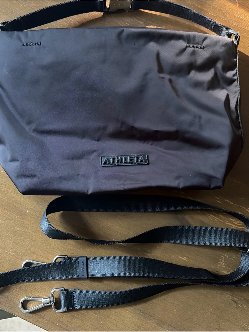Athleta Black Simone biles Crossbody Bag satchel black like new satin bucket